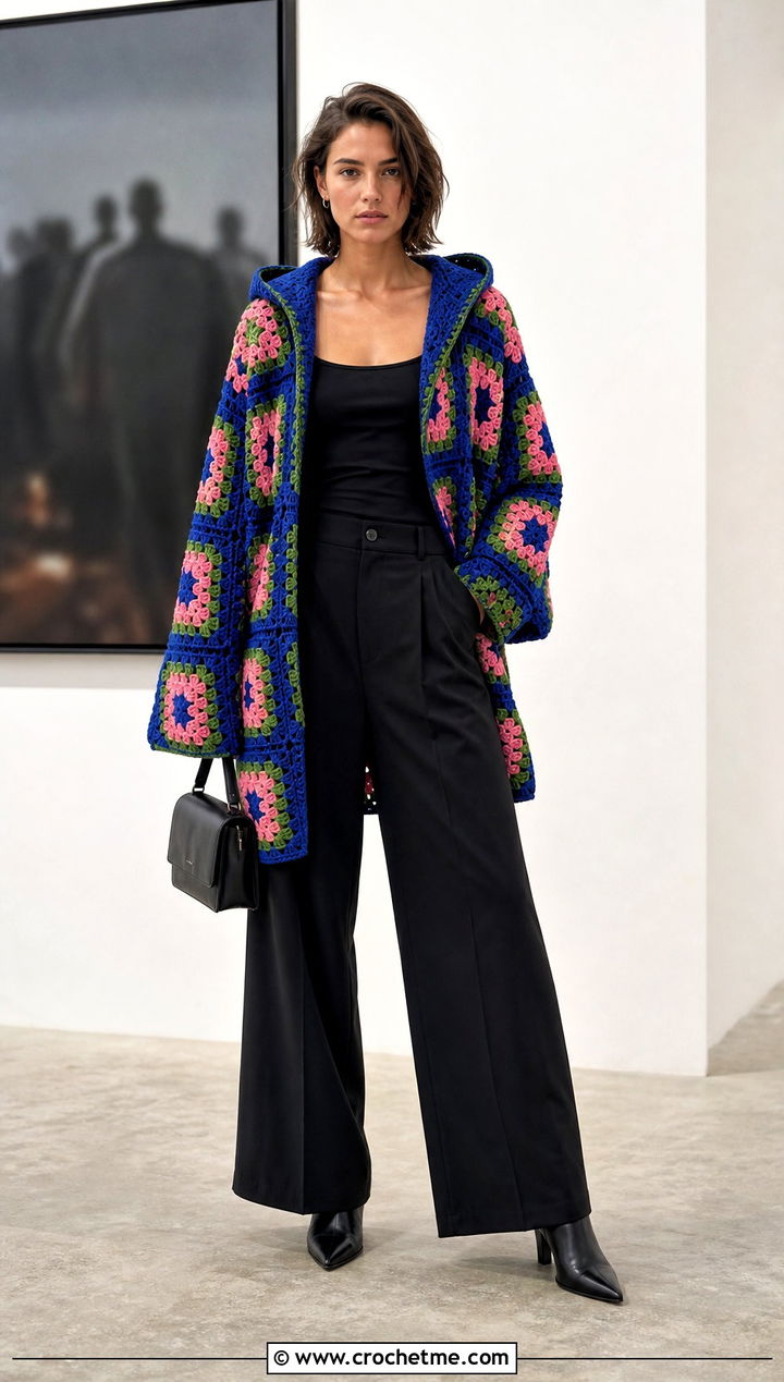 Granny Square Hooded Crochet Cardigan With Black Trousers - 35 hooded crochet cardigan outfit ideas