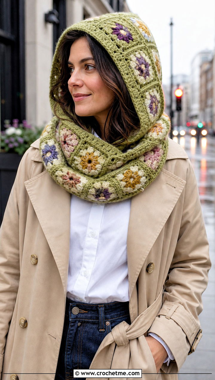 Granny Square Hooded Crochet Cowl Snood With Trench Coat - 25 hooded crochet cowl snood outfit ideas