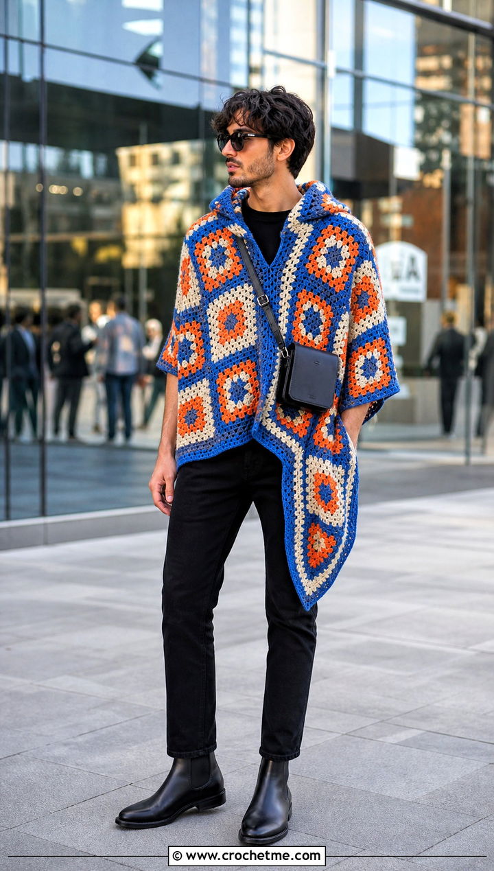 Granny Square Hooded Crochet Poncho With Black Jeans - 15 mens hooded crochet poncho outfit ideas
