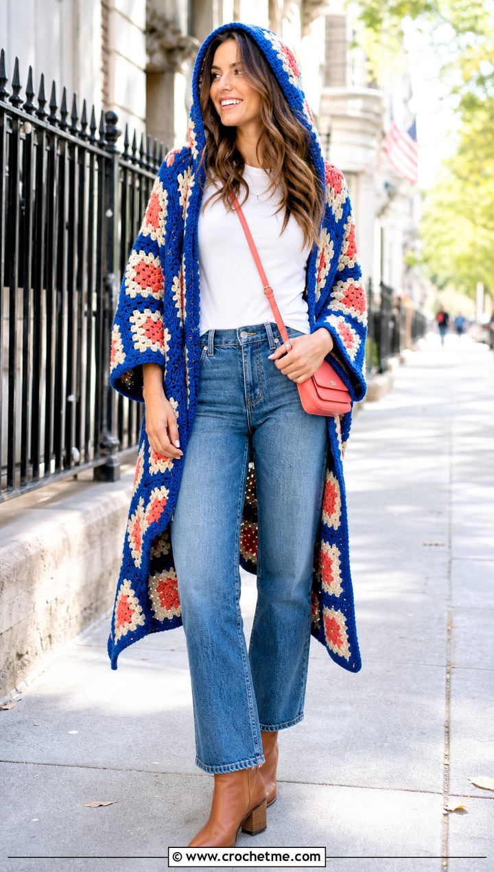 Granny Square Hooded Crochet Ruana With Straight Leg Jeans - 20 Hooded Crochet Ruana outfit ideas