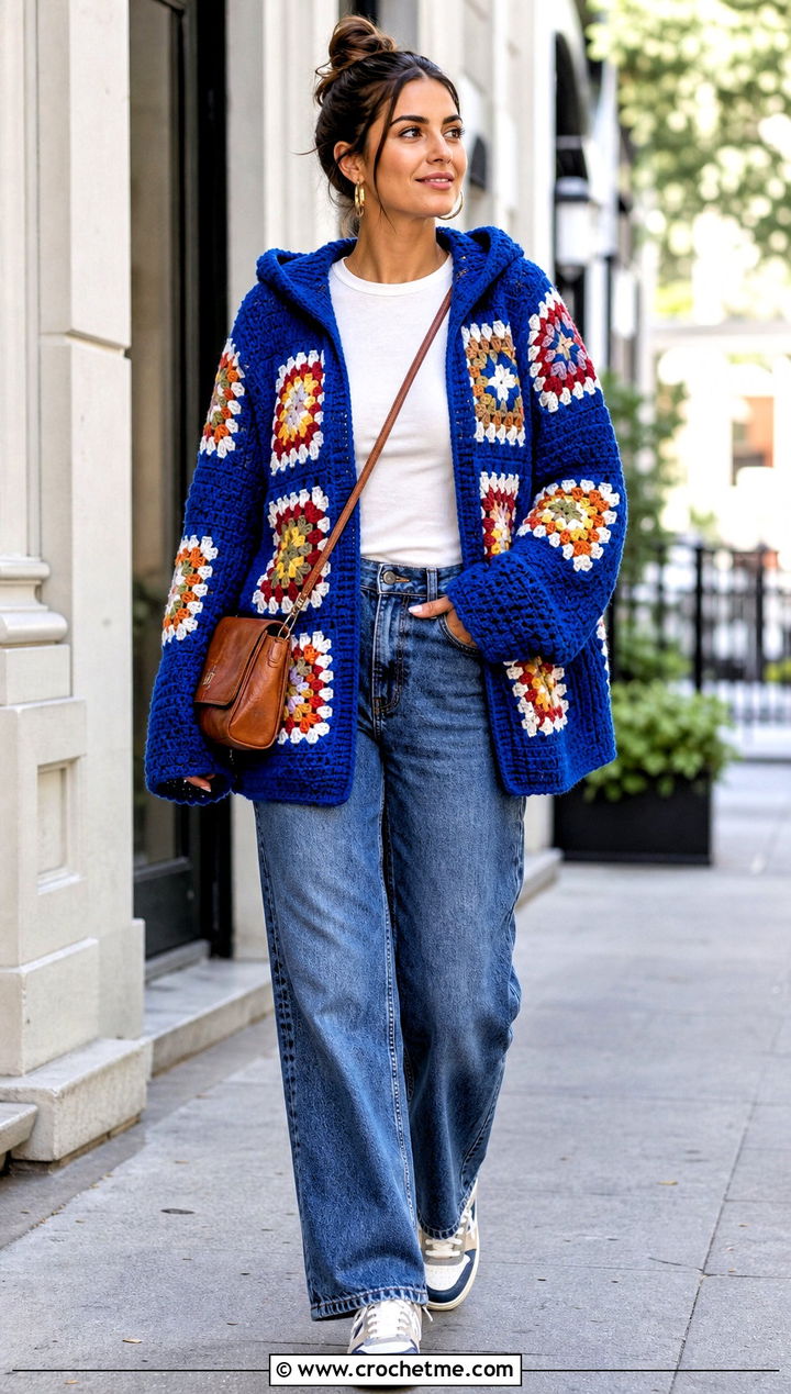Granny Square Hooded Crochet Sweater With Straight Leg Jeans - 25 Hooded Crochet Sweater outfit ideas