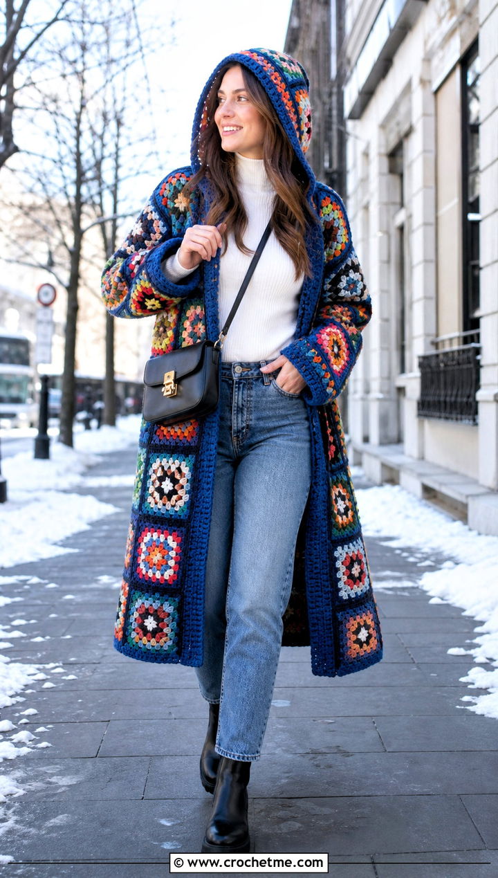 Granny Square Hooded Crochet Winter Coat With Straight Jeans - 20 Crochet Winter Coat outfit ideas