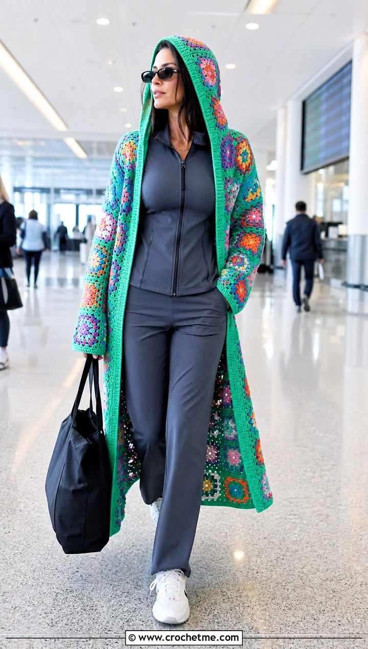 Granny Square Hooded Duster Cover Up With Tracksuit - 35 granny square cover up outfit ideas