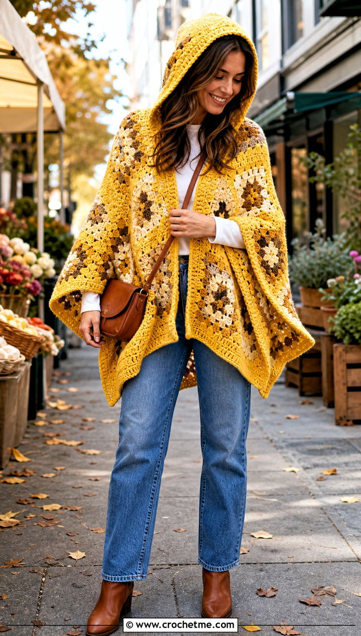 Granny Square Hooded Poncho With Straight Leg Jeans - 35 Crochet Hooded Poncho outfit ideas