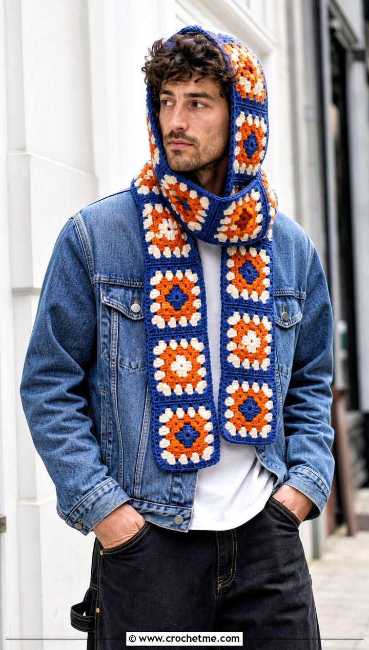 Granny Square Hooded Scarf With Denim Jacket - 20 Crochet Hooded Scarf For Men outfit ideas
