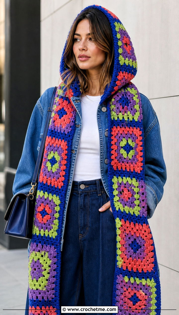 Granny Square Hooded Scarf With Denim Jacket - 25 Crochet Hoodie Scarf outfit ideas