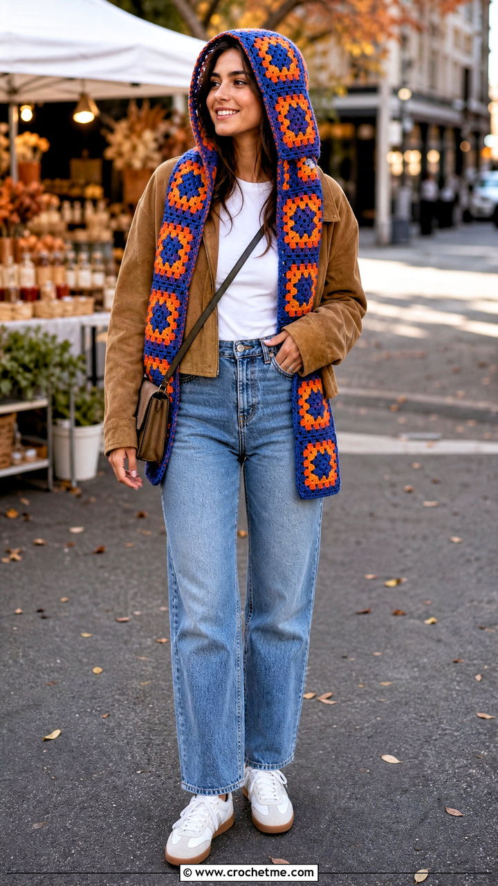 Granny Square Hooded Scarf With Straight Leg Jeans - 35 crochet hooded scarf outfit ideas