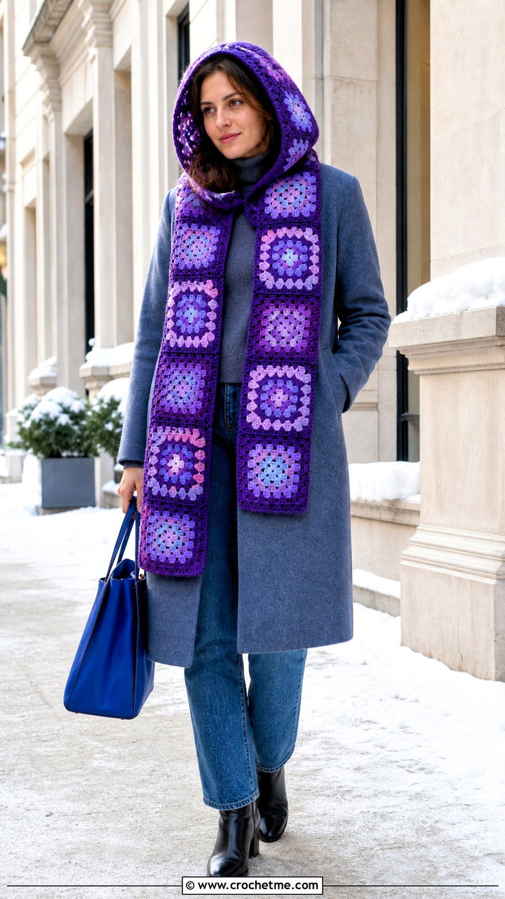 Granny Square Hooded Scarf With Wool Coat And Jeans - 35 granny square crochet clothes and outfit ideas