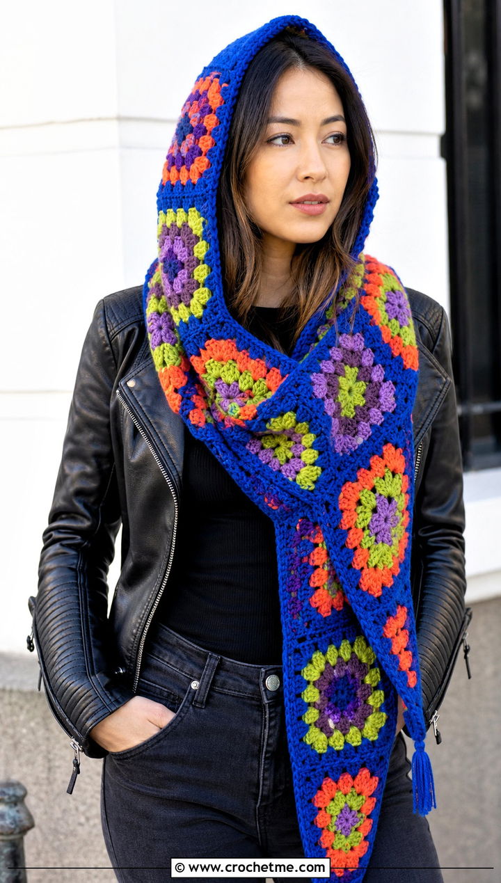 Granny Square Hooded Triangle Crochet Scarf With Leather Jacket - 25 Hooded Triangle Crochet Scarf outfit ideas