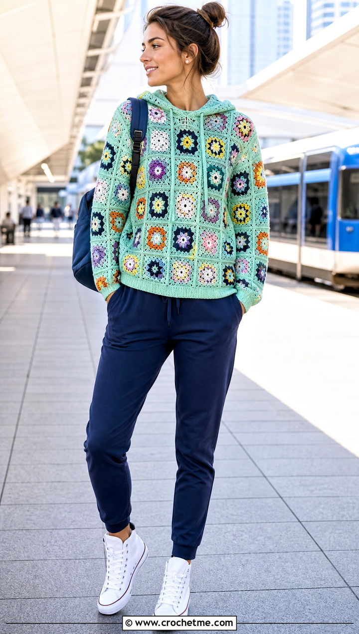 Granny Square Hoodie Top With Joggers - 35 granny square crochet top outfit ideas