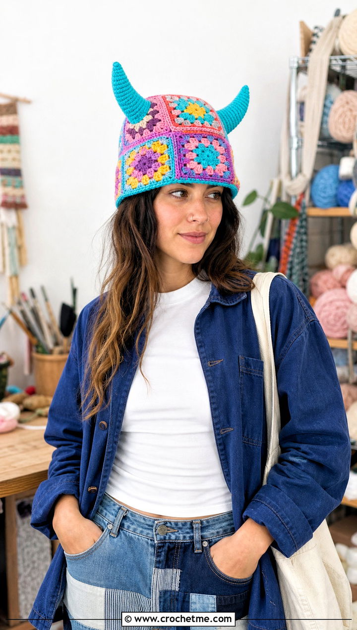 Granny Square Horn Hat With Patchwork Jeans - 30 crochet hat with horns outfit ideas