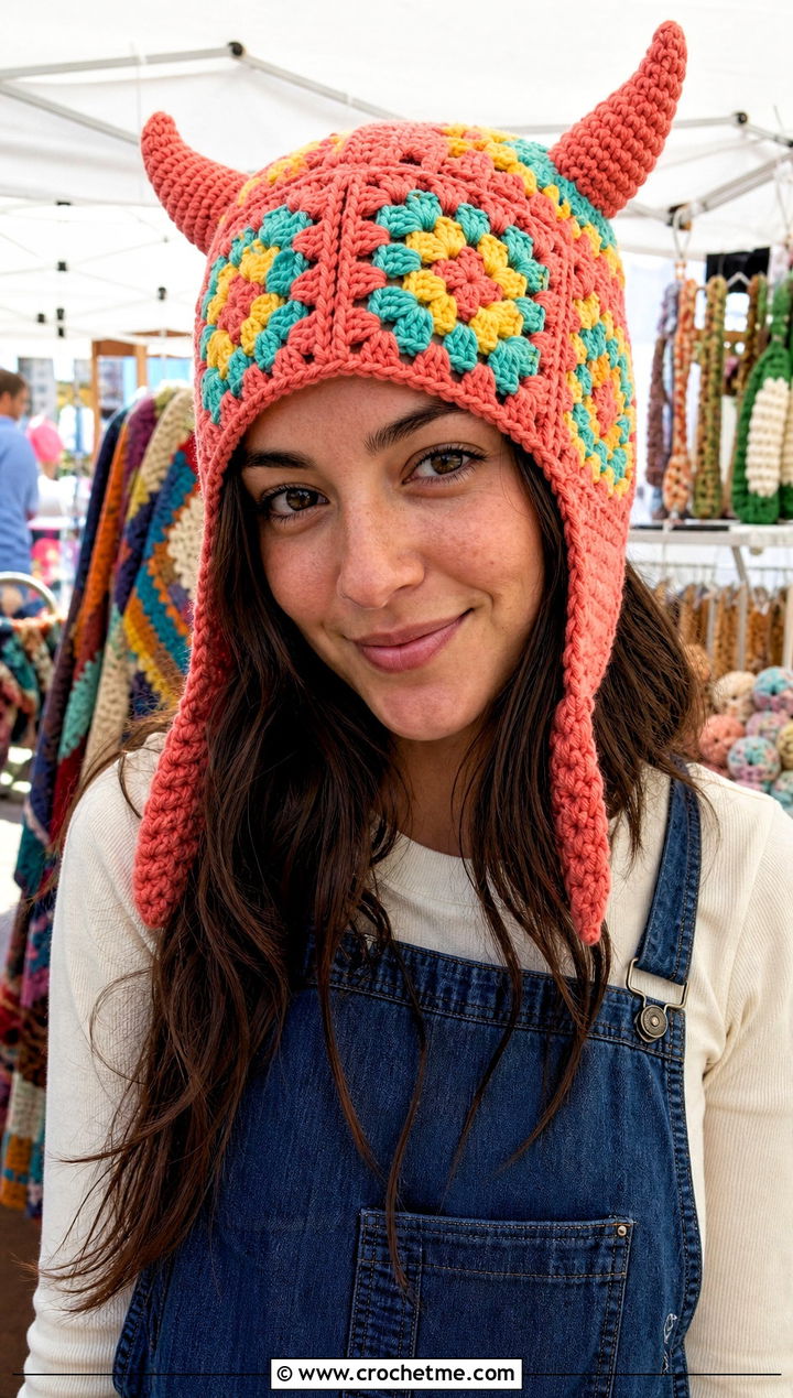 Granny Square Horned Beanie With Overalls - 20 Crochet Horned Beanie outfit ideas