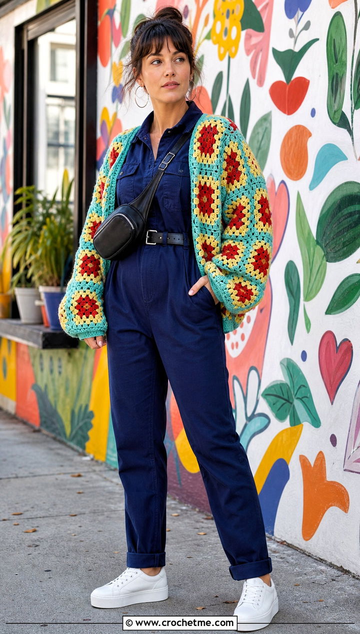 Granny Square Howls Crochet Cardigan Over A Jumpsuit - 25 Howls Crochet Sweater outfit ideas
