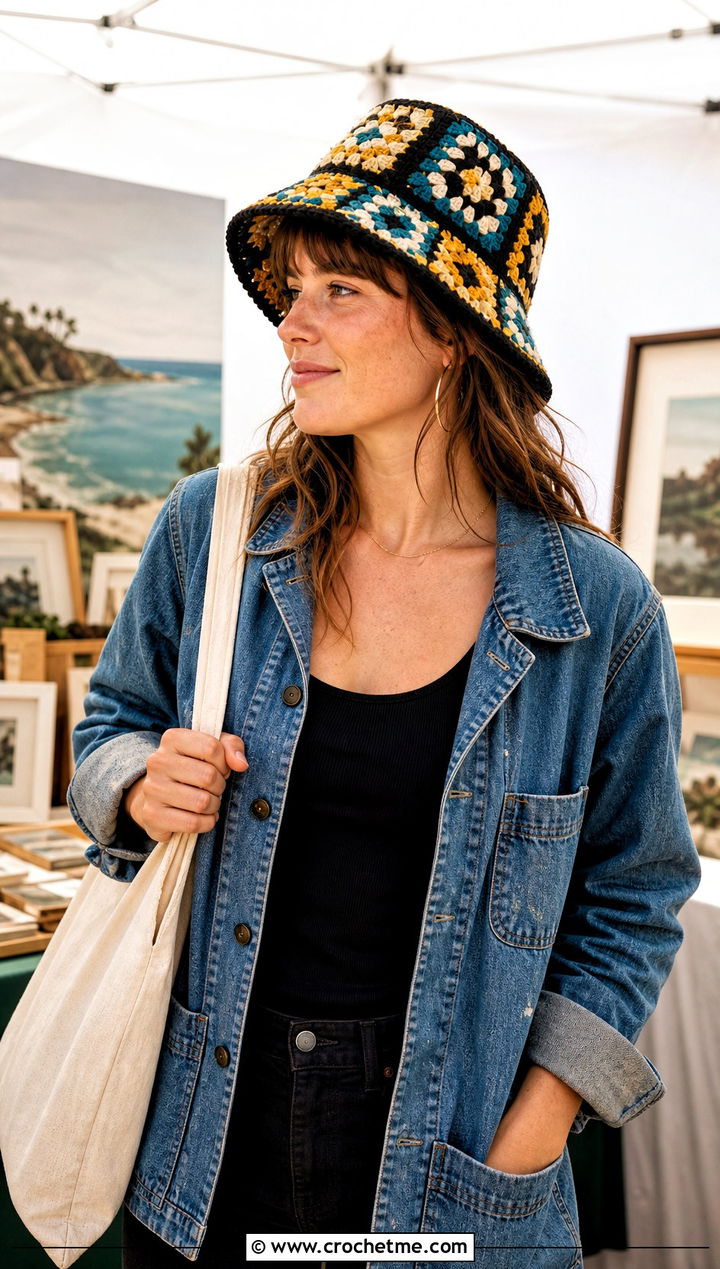 Granny Square Hufflepuff Crochet Bucket Hat With Double Denim - 15 Hufflepuff Crochet Hat outfit ideas