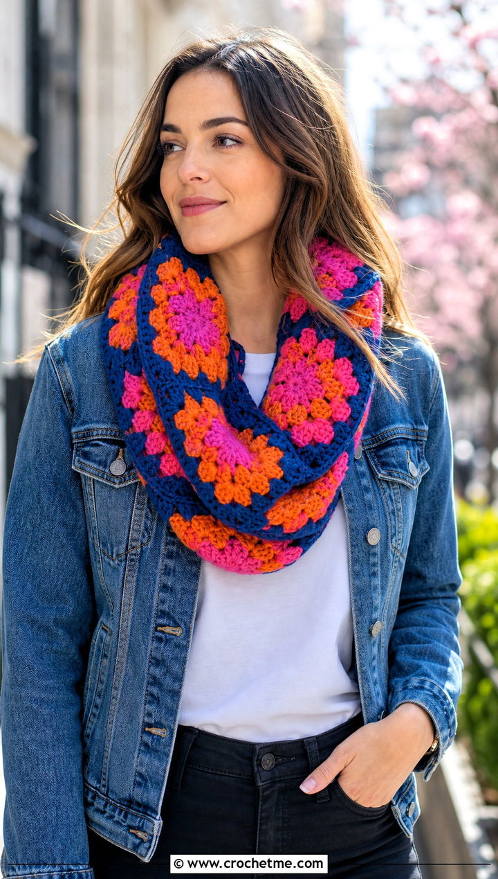 Granny Square Infinity Scarf With Denim Jacket - 30 easy crochet infinity scarf outfit ideas