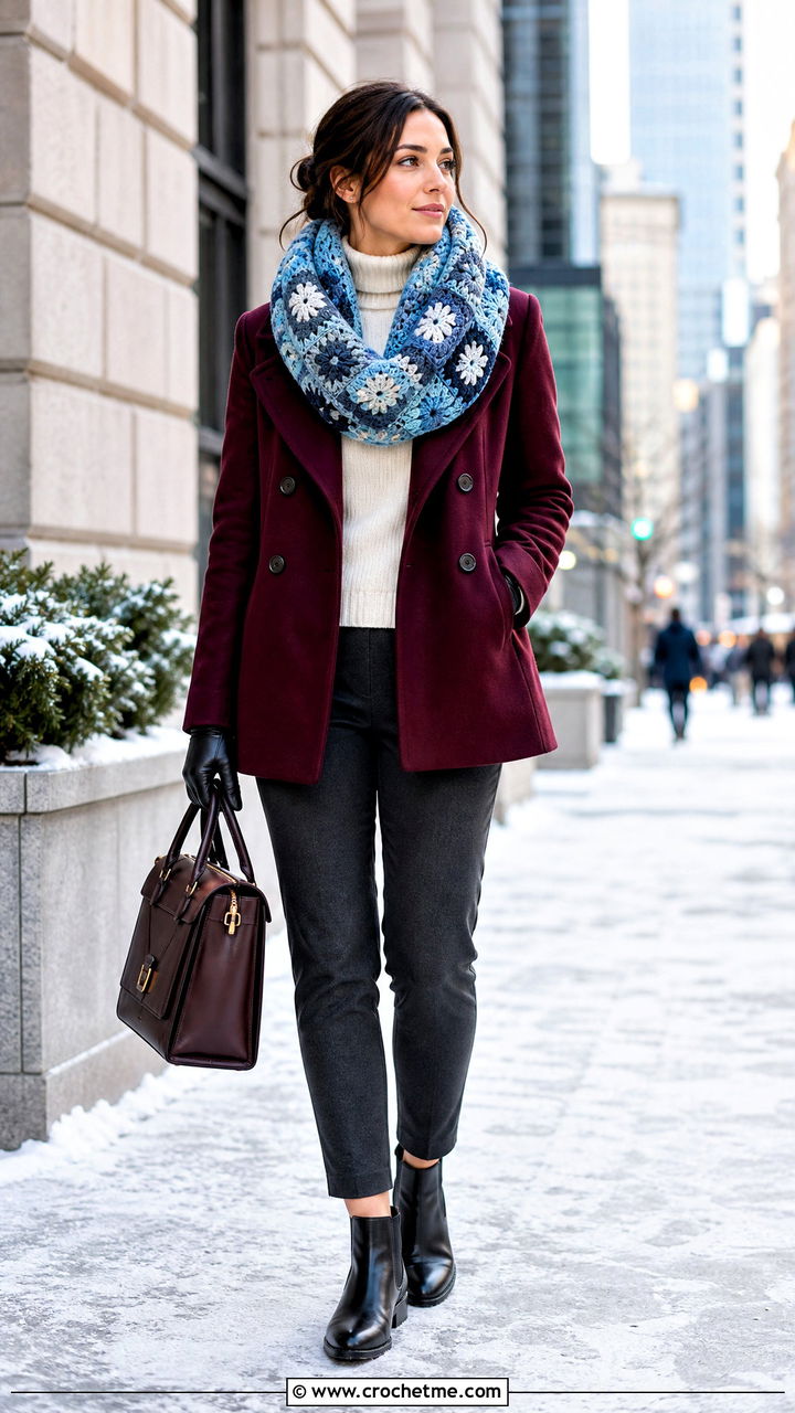 Granny Square Infinity Scarf With Peacoat And Ankle Pants - 35 granny square scarf outfit ideas