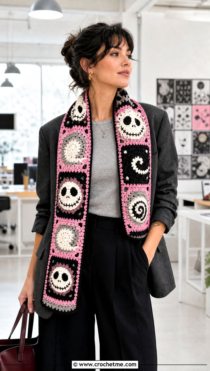 Granny Square Jack Skellington Crochet Scarf With Blazer - 20 Crochet Jack Skellington Scarf outfit ideas