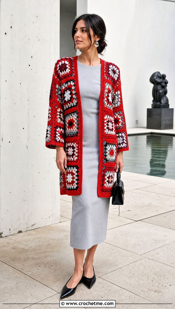 Granny Square Jacket Cover Up With Column Dress - 35 granny square cover up outfit ideas