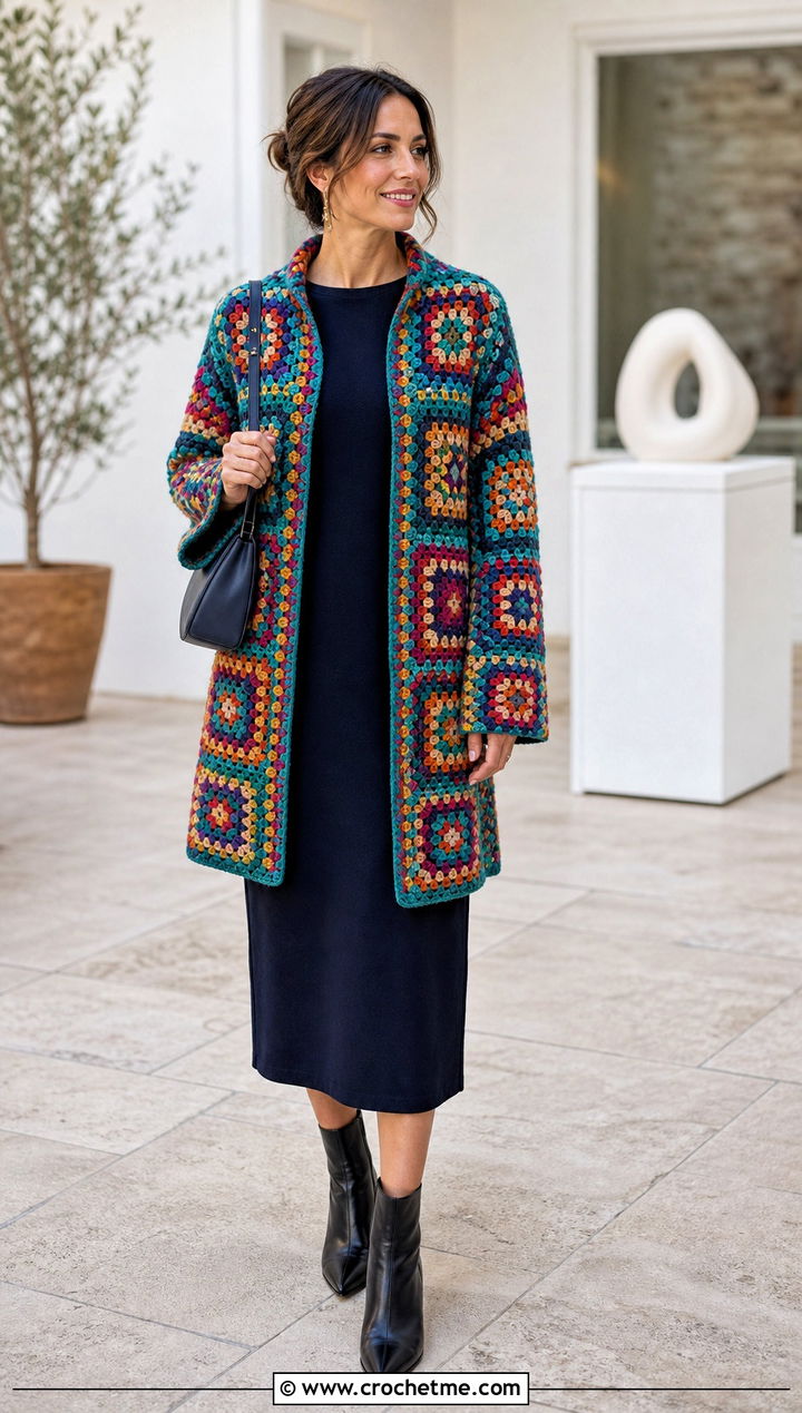 Granny Square Jacket With A Column Dress - 25 cool crochet clothes and outfit ideas