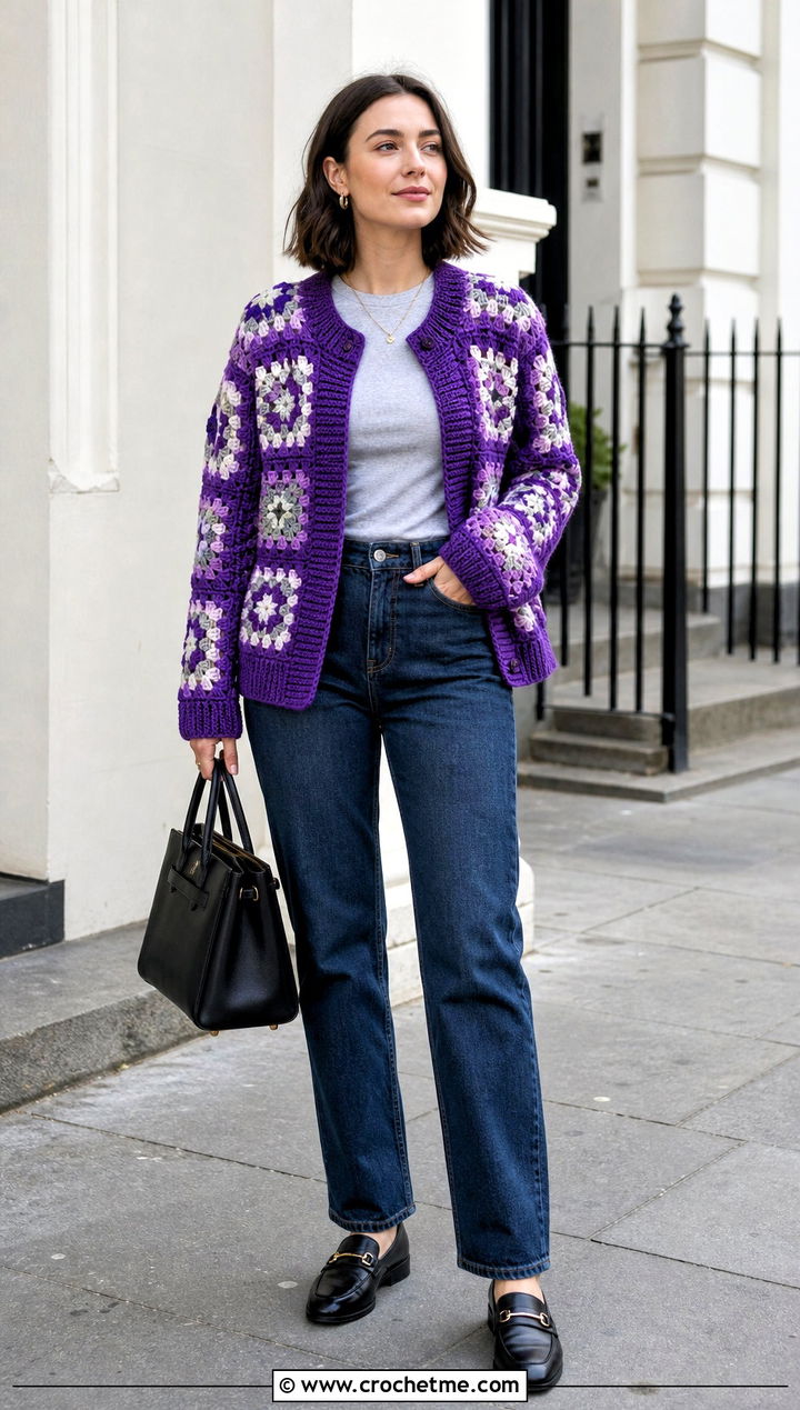 Granny Square Jacket With Straight Leg Jeans - 25 Crochet Clothes With Granny Squares outfit ideas