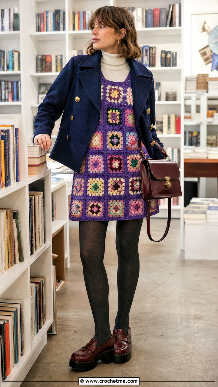 Granny Square Jumper Crochet Winter Dress With Turtleneck - 35 crochet winter dress outfit ideas