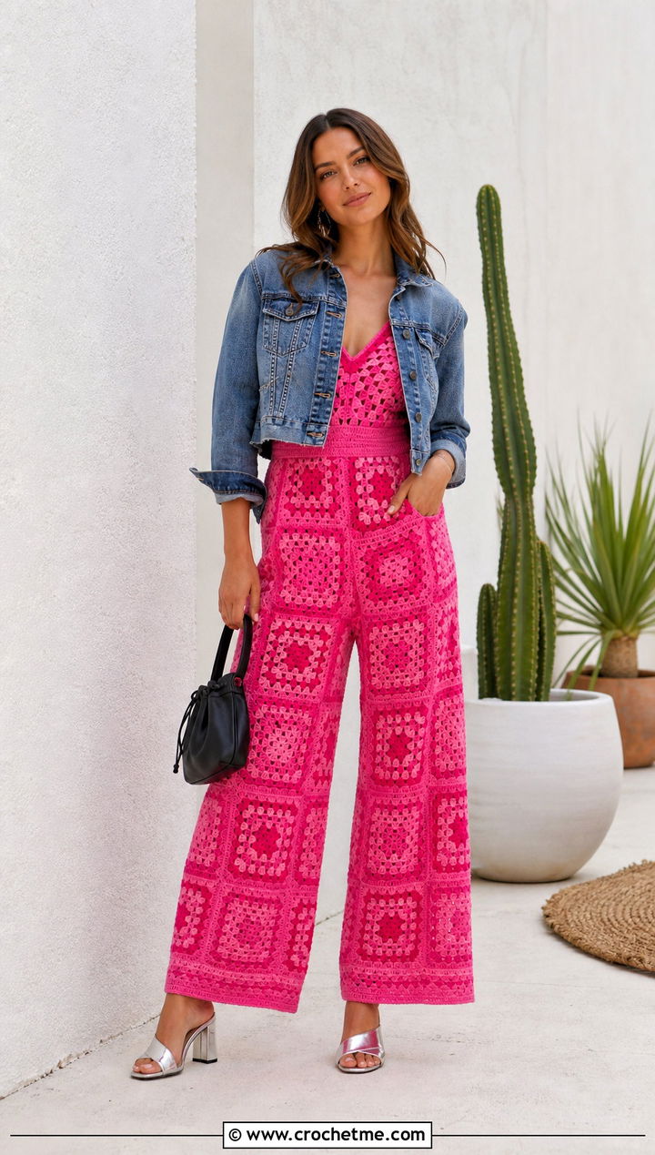 Granny Square Jumpsuit With Cropped Denim Jacket - 25 Crochet Clothes With Granny Squares outfit ideas