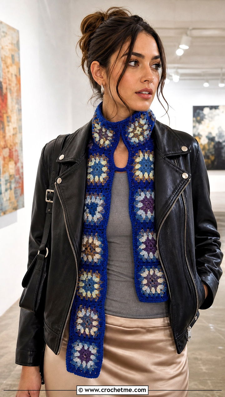 Granny Square Keyhole Crochet Scarf With Leather Jacket - 25 Keyhole Crochet Scarf outfit ideas
