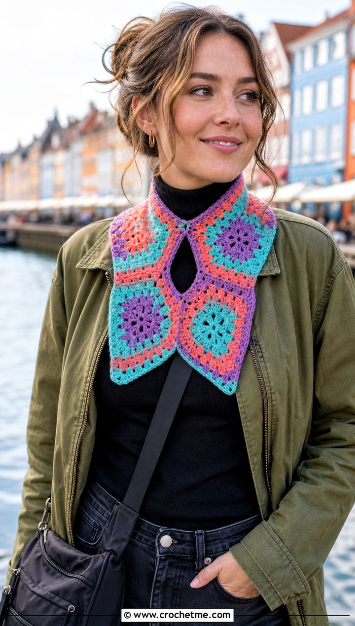 Granny Square Keyhole Crochet Scarf With Utility Jacket - 15 Key Hole Crochet Scarf outfit ideas