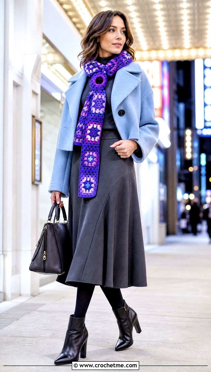 Granny Square Keyhole Scarf With Coat And Skirt - 35 granny crochet scarf outfit ideas