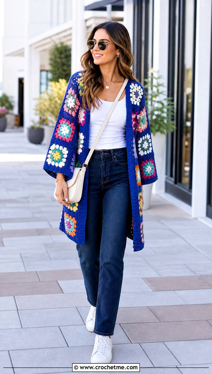 Granny Square Kimono Cardigan With Straight Leg Jeans - 25 kimono crochet cardigan outfit ideas