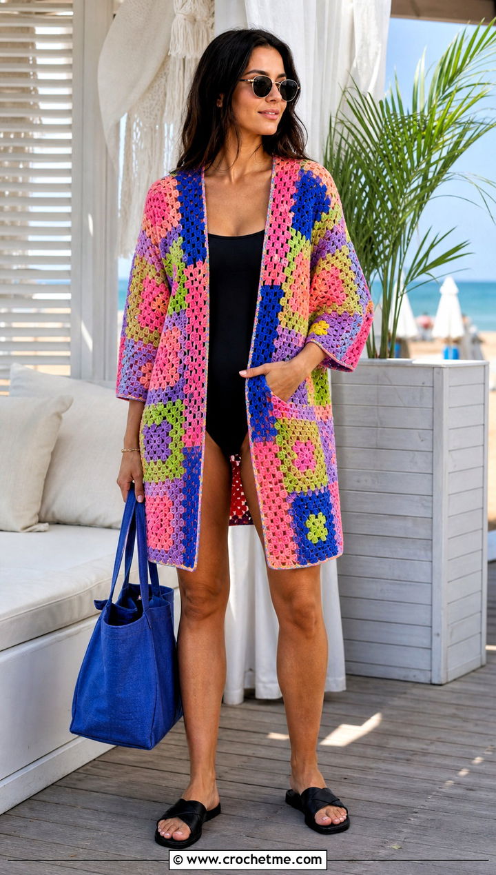 Granny Square Kimono Cover Up With Black Swimsuit - 25 easy crochet beach cover up outfit ideas