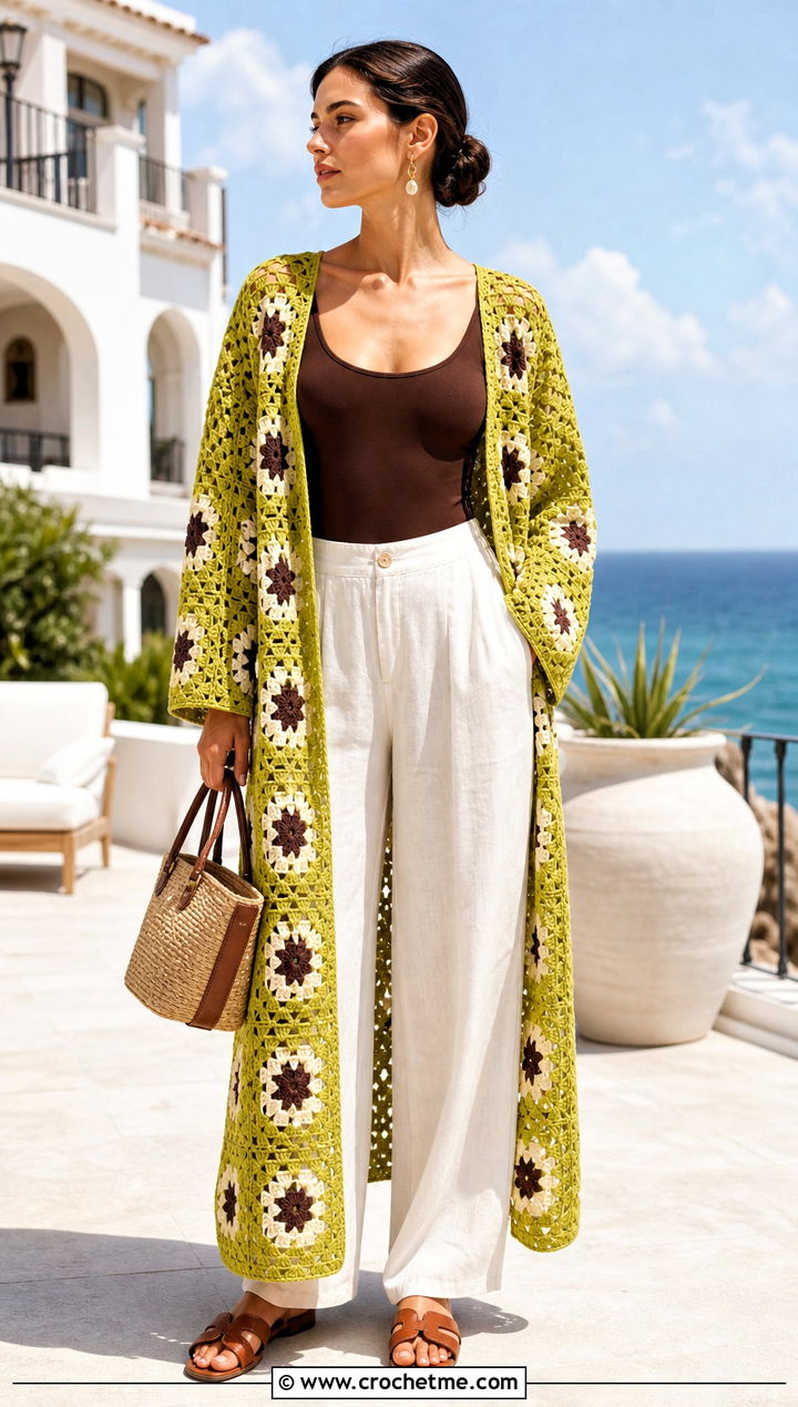 Granny Square Kimono Cover Up With Linen Pants - 15 granny square beach cover up outfit ideas