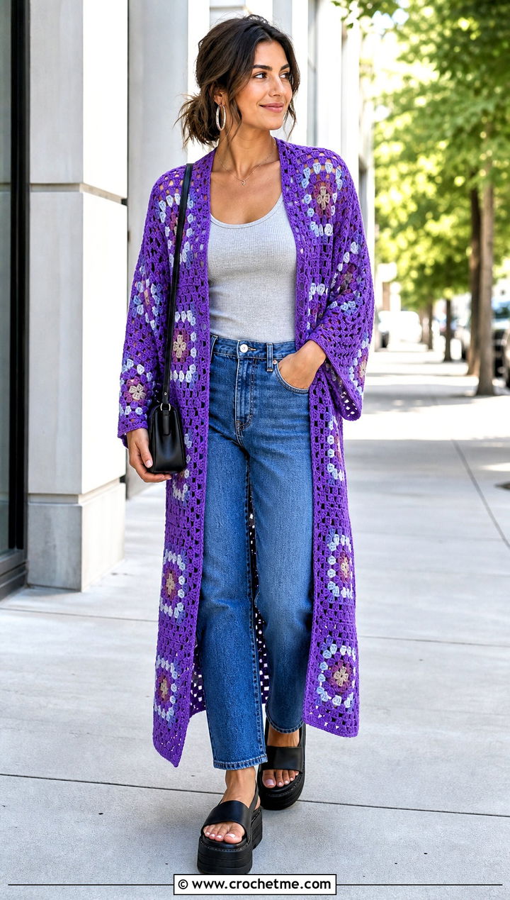Granny Square Kimono Cover Up With Tank And Jeans - 35 granny square cover up outfit ideas