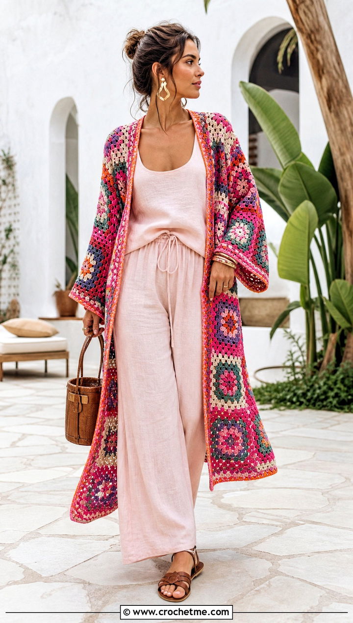 Granny Square Kimono Crochet Coverup With Linen Set - 35 crochet coverups outfit ideas