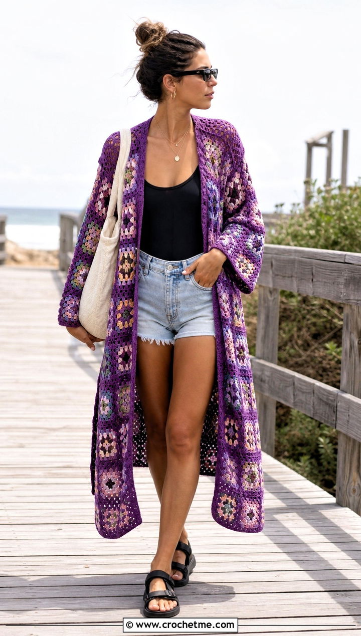 Granny Square Kimono With Denim Shorts - 15 granny square swim cover up outfit ideas