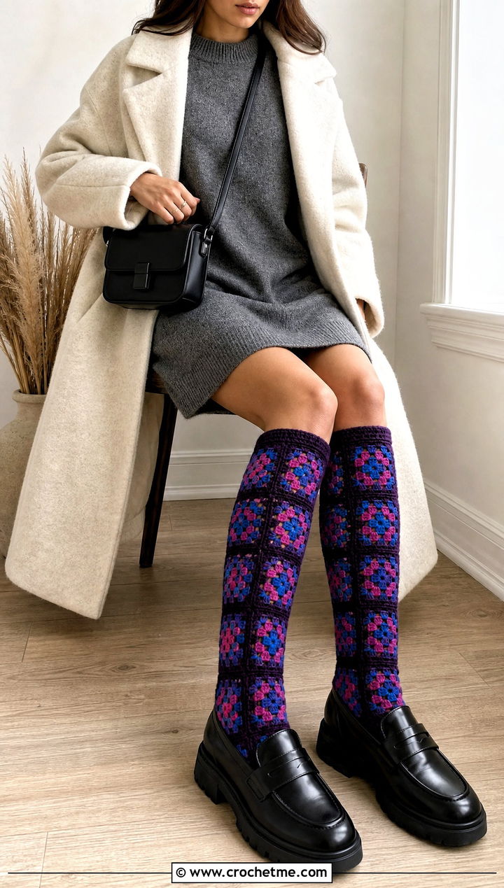 Granny Square Knee High Socks With Sweater Dress - 25 Crochet Granny Socks outfit ideas