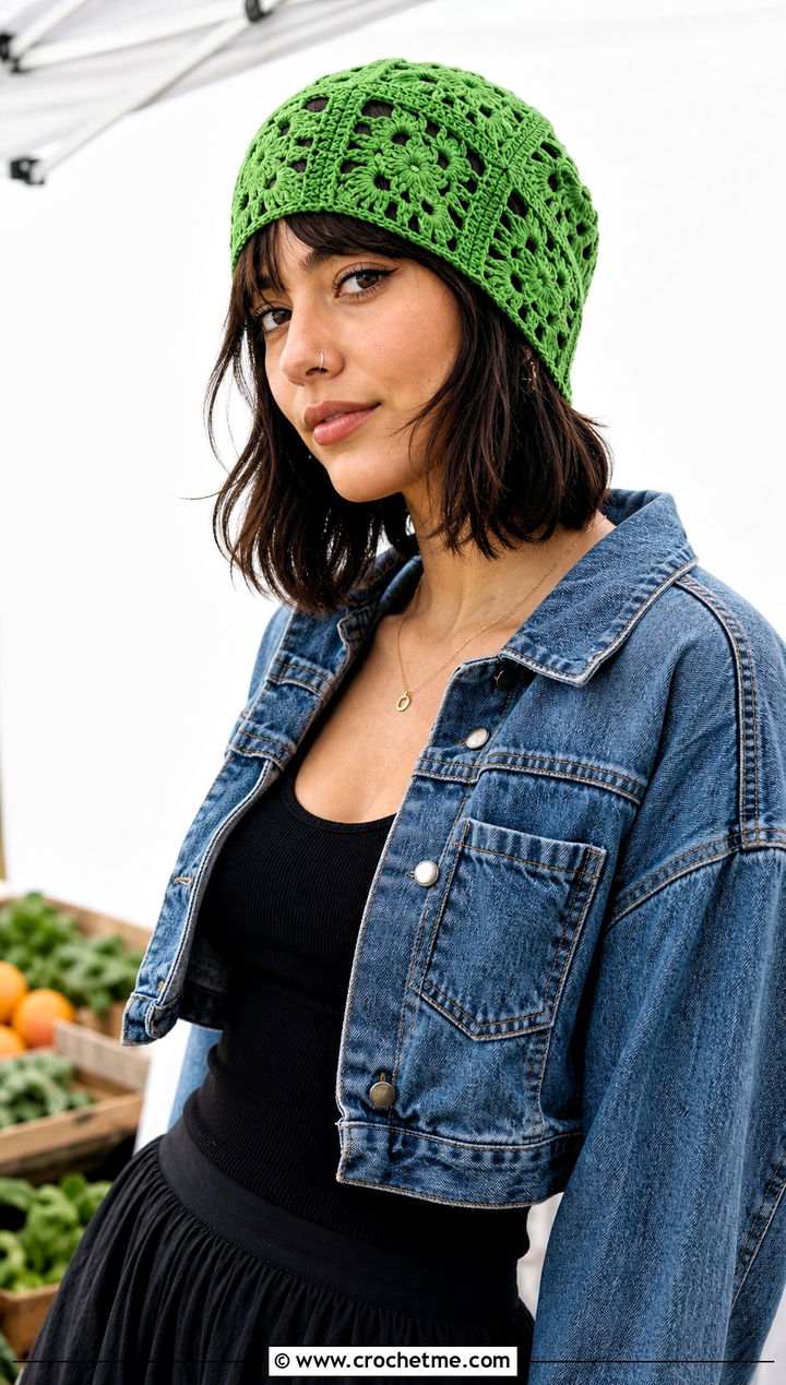 Granny Square Lace Beanie With Denim Jacket And Maxi Skirt - 30 crochet lace beanie outfit ideas