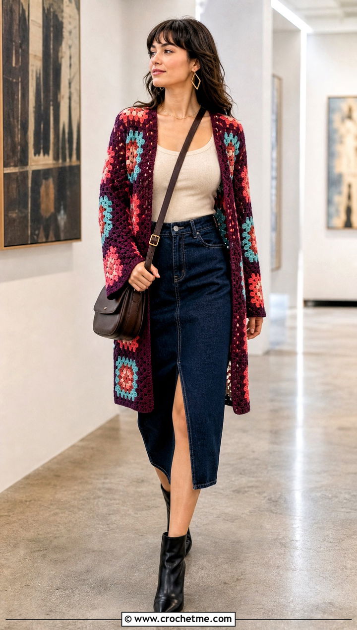 Granny Square Lace Cardigan With Denim Midi Skirt - 30 crochet lacy cardigan outfit ideas