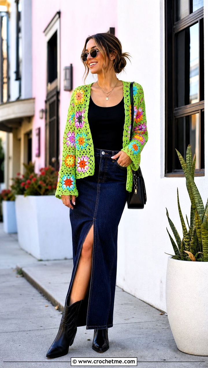 Granny Square Lace Crochet Cardigan With Denim Maxi Skirt - 25 Lacy Crochet Cardigan outfit ideas