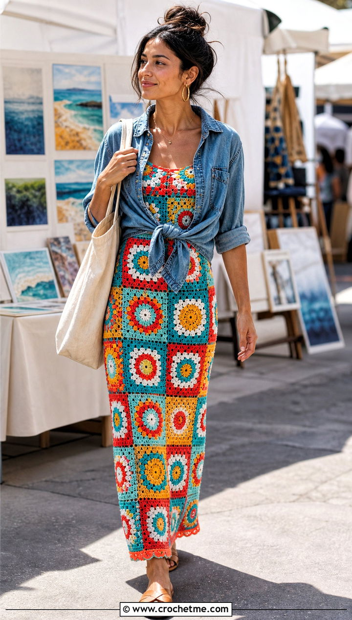 Granny Square Lace Crochet Column Dress With Denim Shirt - 15 lacy crochet dress design outfit ideas