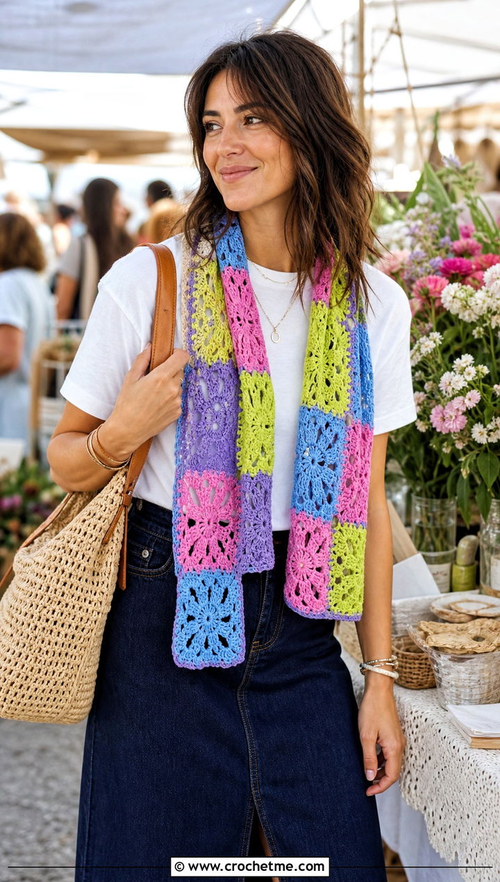 Granny Square Lace Crochet Scarf With White Tee And Denim Skirt - 15 Easy Lace Crochet Scarf outfit ideas