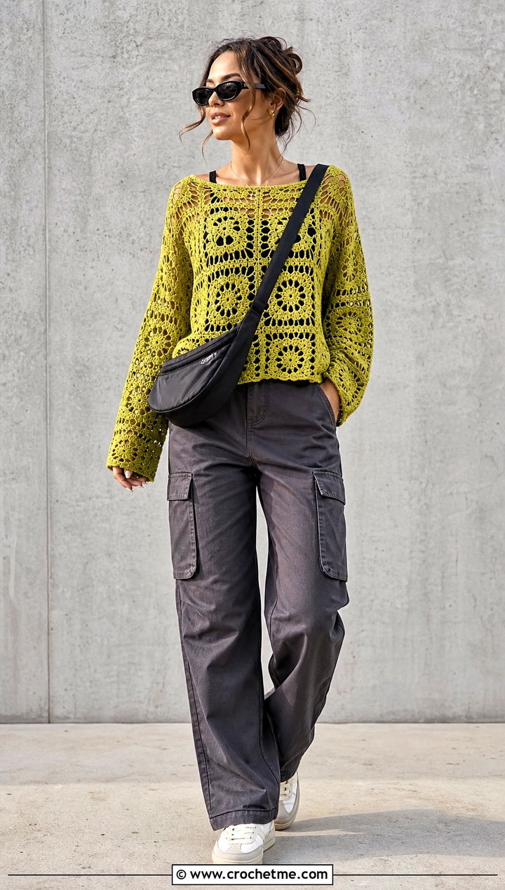 Granny Square Lace Crochet Sweater With Cargo Pants - 25 lace crochet sweater outfit ideas