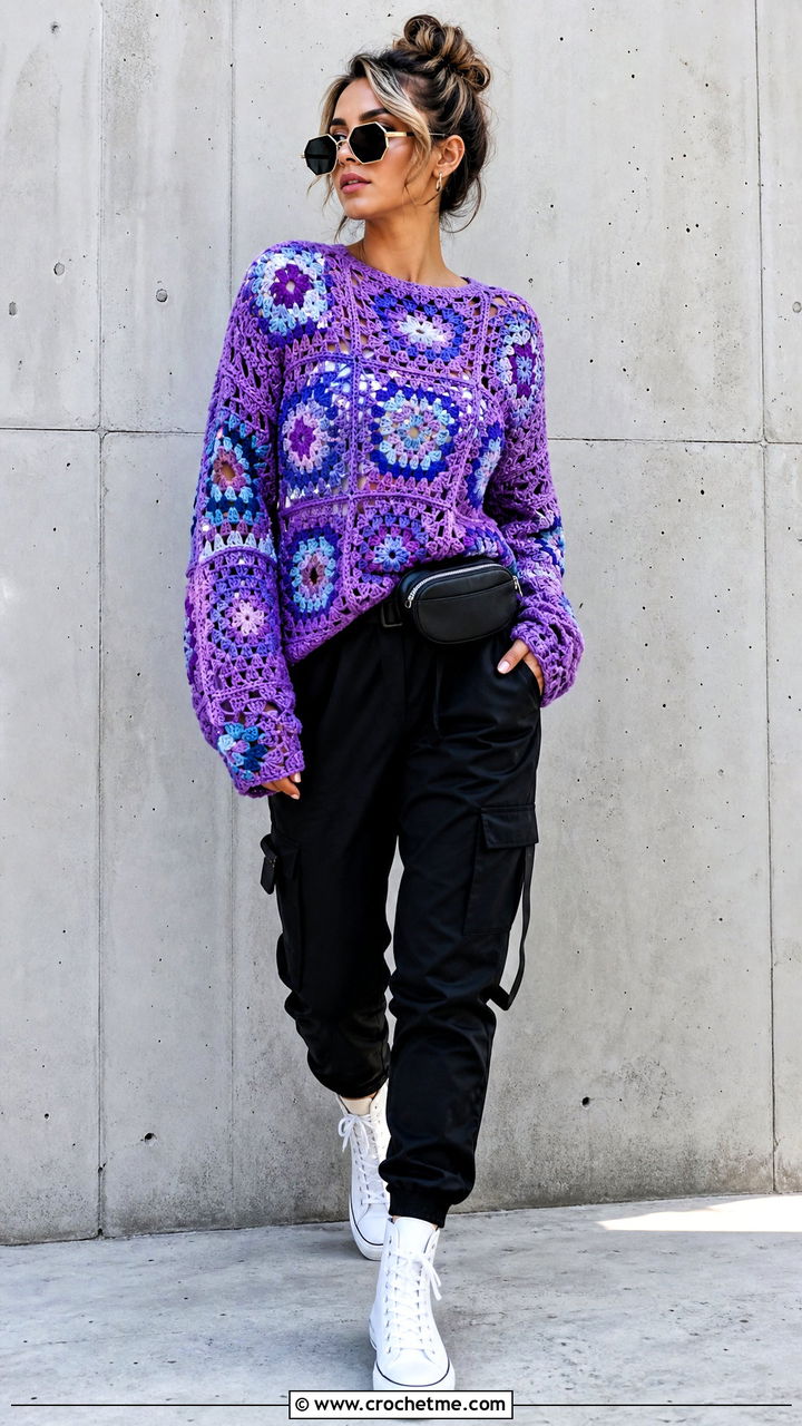 Granny Square Lace Crochet Sweater With Cargo Pants - 35 crochet lace sweater outfit ideas