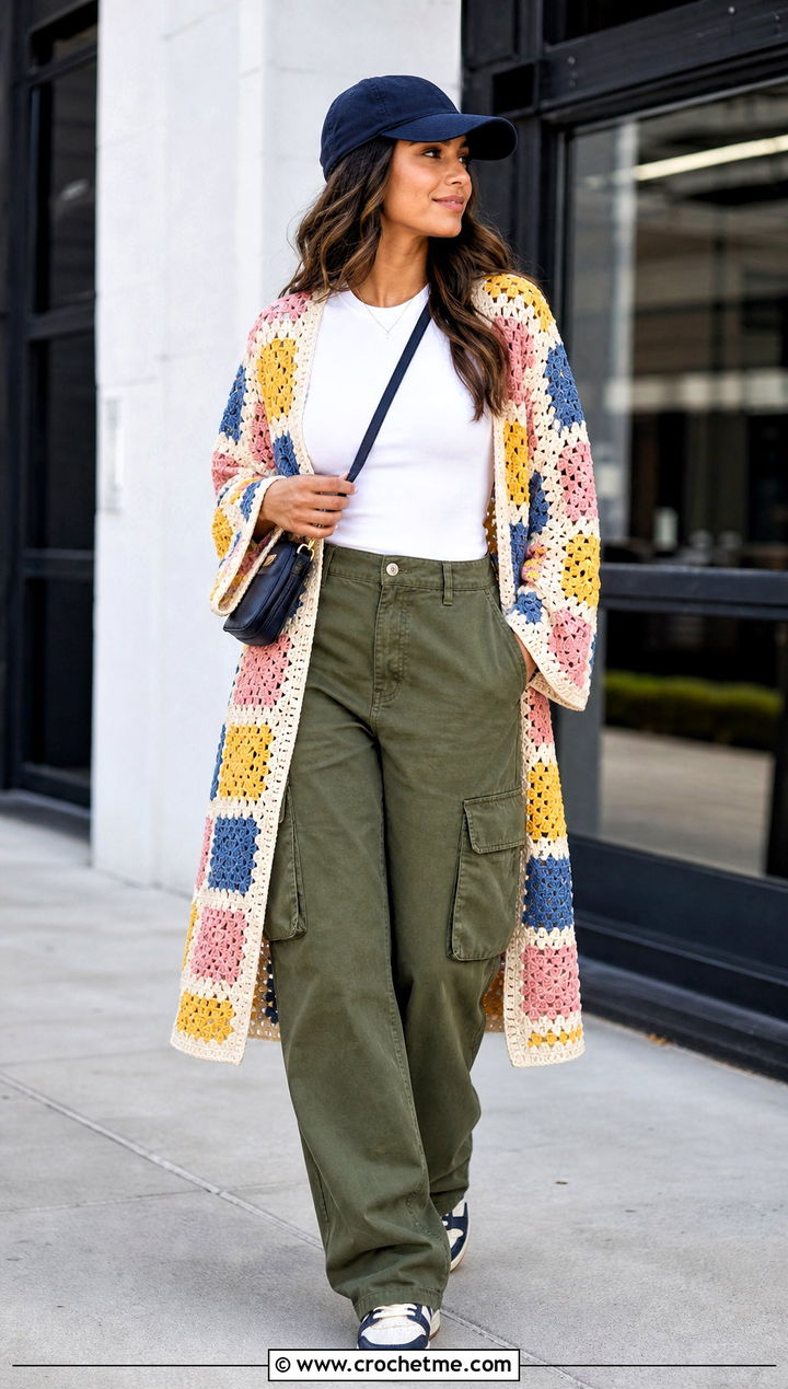 Granny Square Lace Duster Cardigan With Cargo Pants - 20 Crochet Long Lacy Cardigan outfit ideas
