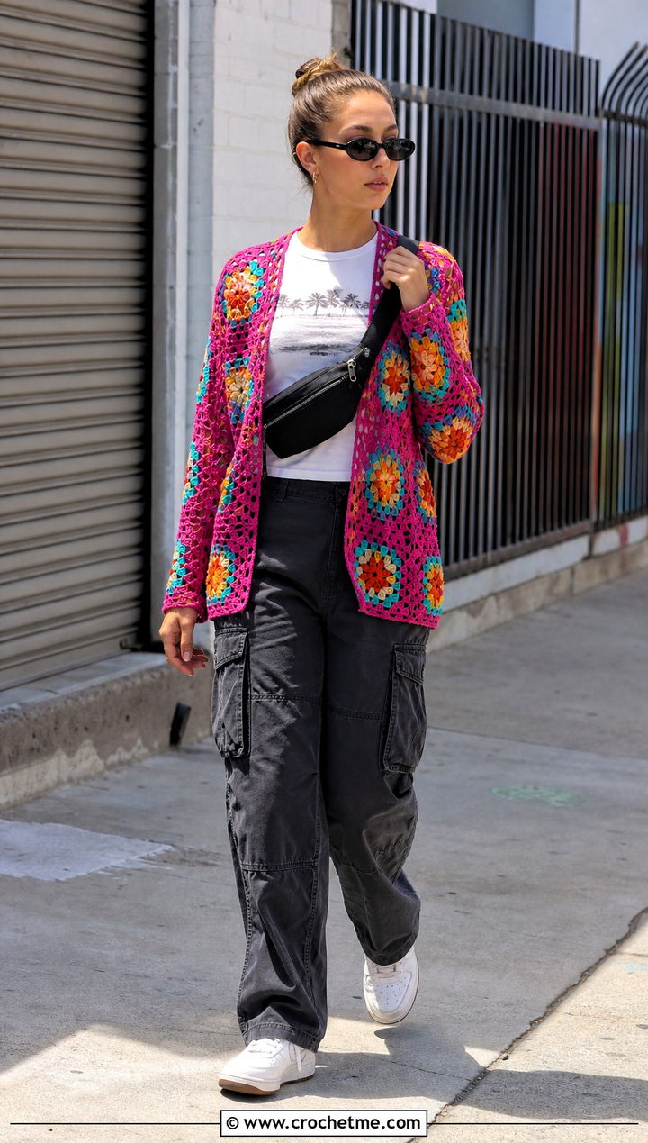 Granny Square Lace Jacket With Cargo Pants - 20 Lacy Crochet Jacket outfit ideas