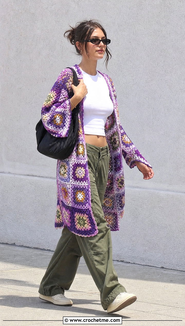 Granny Square Lace Kimono With Cargo Pants - 25 crochet lace kimono outfit ideas
