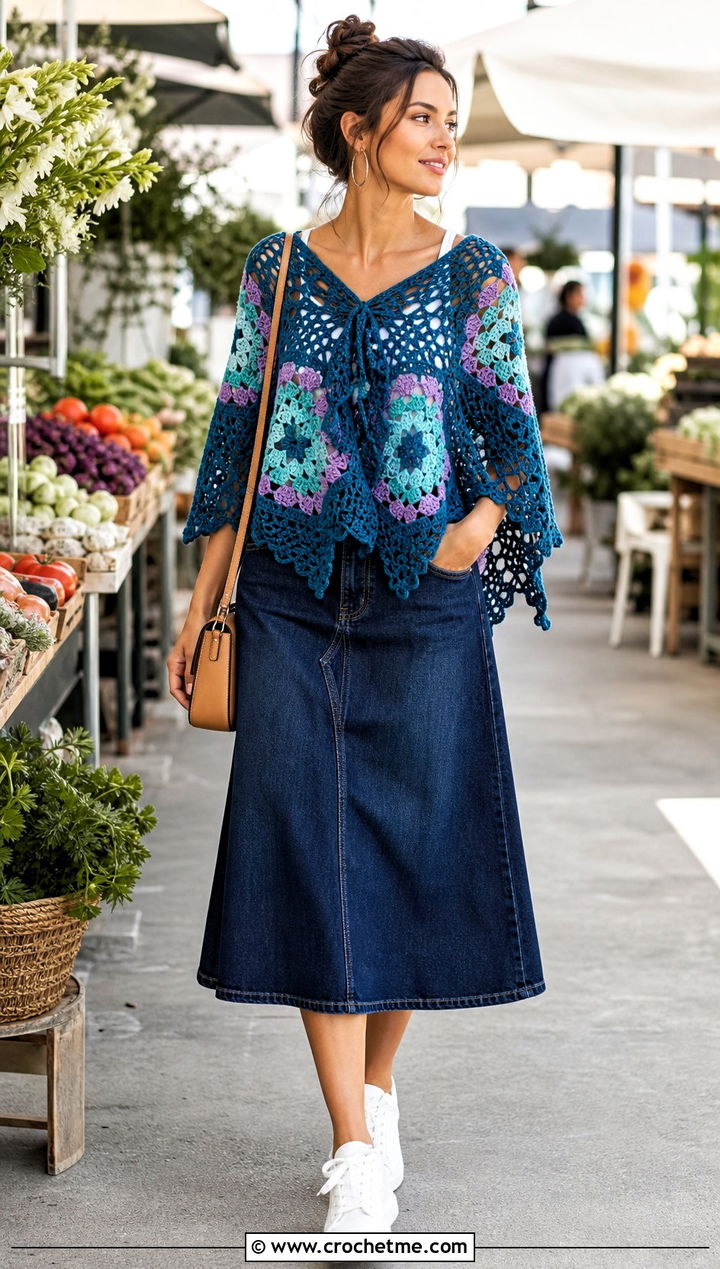 Granny Square Lace Poncho With Denim Skirt - 15 Crochet Lace Poncho On Hanger outfit ideas