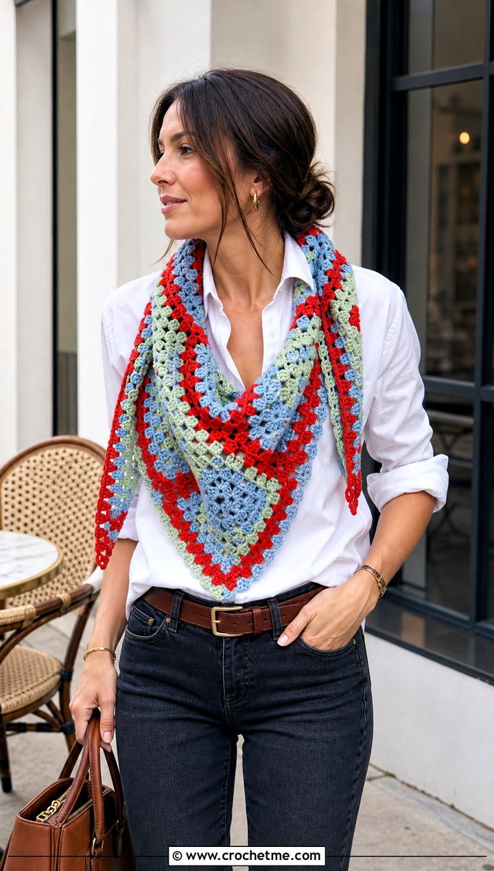 Granny Square Lace Scarf With White Shirt - 15 Lacy Crochet Scarf outfit ideas