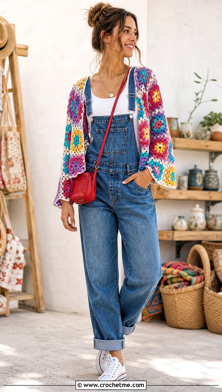 Granny Square Lace Shrug With Overalls - 35 crochet lace shrug outfit ideas