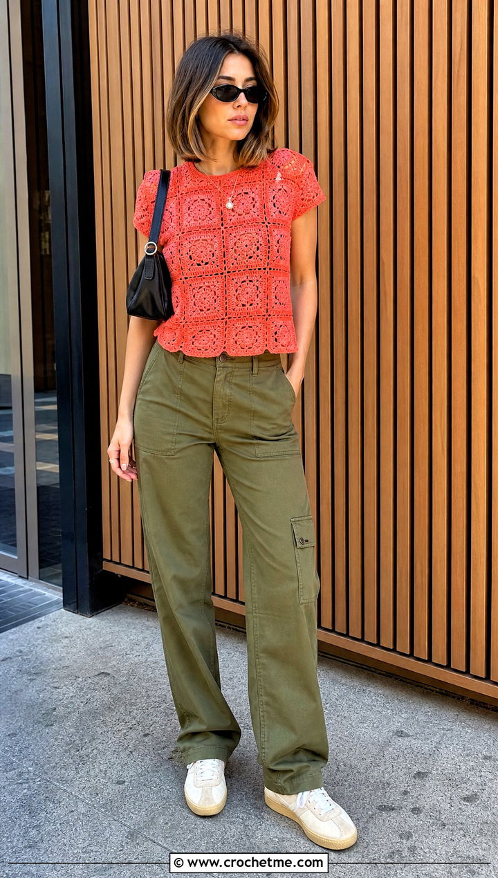 Granny Square Lace Top With Cargo Pants - 15 crochet lace top on wooden background outfit ideas